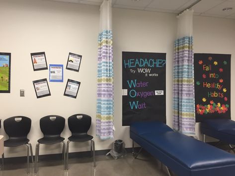 Decorating my clinic. School Nurse Room Design, Health Clinic Decor, Decorating School Nurse Office, School Nurse Bulletin Board Ideas Elementary, Nurses Office School, School Clinic Ideas Nurse Office Decor, Nurse Clinic Decor, Elementary School Clinic Decor, Nurses Office Decor School