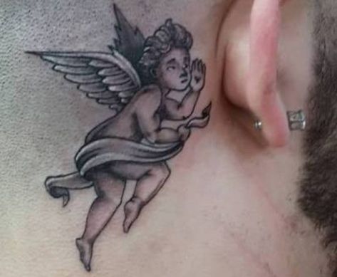 Deep Tatoos Tattoo Designs, Angle Whispering In Ear Tattoo, Angel Behind The Ear Tattoo, Angel Speaking In Ear Tattoo, Angel Talking In Ear Tattoo, Whispering Angel Tattoo, Angel Ear Tattoo, Angel Whispering Tattoo, Angel Behind Ear Tattoo