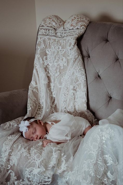 Wedding Pictures With Newborn, Newborn With Wedding Dress, Newborn On Wedding Dress, Newborn Photo Wedding Dress, Newborn Pictures With Wedding Dress, Newborn And Wedding Dress Photo Ideas, Wedding Dress Newborn Pictures, Baby Wedding Dress Pictures, Wedding Dress And Newborn Photo Shoot