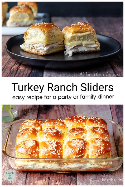 This turkey ranch slider recipe is perfect for game day eats or a party and it super easy to prepare Sliders Recipes Turkey, Ranch Sliders, Cheesy Turkey, Turkey Appetizers, Slider Recipe, Hawaiian Roll Sliders, Turkey Sliders, Slider Sandwiches, Easy Family Dinner