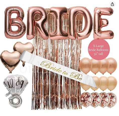 Rose gold bachelorette decorations. Rose Gold Bridal Shower Decor, Bride Balloon, Bride Balloons, Gold Bachelorette Party Decorations, Bachelorette Party Kits, Rose Gold Bride, Gold Bachelorette Party, Bride To Be Balloons, Rose Gold Party Decor