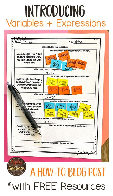 This blog post teaches pre-algebra and algebra teachers how to introduce students to variables and expressions. The blog post includes a free resource with four worksheets and picture tiles to give students a hands-on learning activity. #variablesandexpressions #algebra #prealgebra Hands On Pre-algebra Activities, Algebraic Expressions Activities, Simplify Math, Translating Algebraic Expressions, Pre Algebra Activities, Grade 7 Math, Evaluating Algebraic Expressions, Algebra Classroom, Apples And Bananas