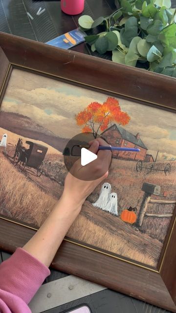 Kirsten Gray on Instagram: "It’s that time again!!!!  #spookyseason #halloween #halloweendecorations #decoration #painting #crafty #crafting #thriftedghostpainting #theifting #ghostpainting #ghost #fall" Goodwill Ghost Painting, How To Paint A Ghost, Painting Ghosts On Thrifted Art, Thrift Store Ghost Painting, Ghost Painting Trend, Diy Halloween Pictures, Hobby Lobby Paintings, Ghost Painting Ideas, Diy Halloween Art