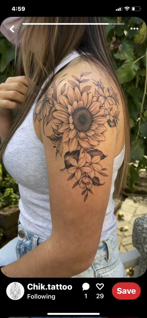 Feminine Shoulder Tattoos, Sunflower Tattoo Sleeve, Sunflower Tattoo Shoulder, Pineapple Tattoo, Cool Shoulder Tattoos, Floral Tattoo Shoulder, Floral Tattoo Sleeve, Flower Tattoo Sleeve, Sunflower Tattoos