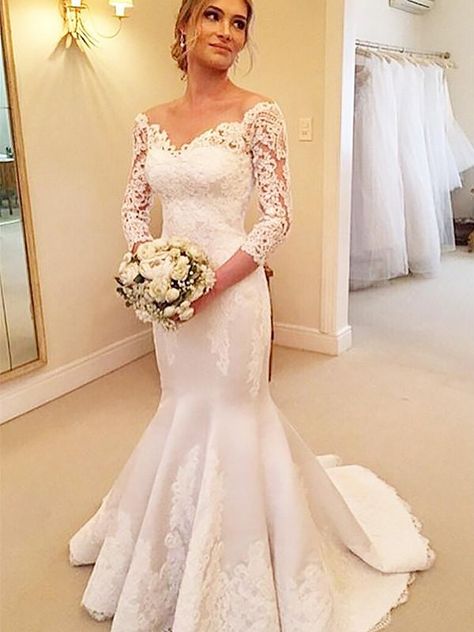 Trumpet/Mermaid 3/4 Sleeves Satin Off-the-Shoulder Lace Court Train Wedding Dresses Court Train Wedding Dress, Wedding Gowns With Sleeves, Wedding Dress Train, Lace Mermaid, A Wedding Dress, Princess Wedding Dresses, Wedding Gowns Lace, Lace Mermaid Wedding Dress, Dresses Elegant