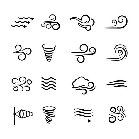 Wind weather, nature icon set. Natural movement of the air symbols. Vector line art illustration isolated on white background Air Logo Design Symbols, Wind Symbol Tattoo, Wind Design Art, Air Drawing Element, How To Draw Air, Air Symbolism, Wind Tattoo Design, Air Doodle, Air Symbol Tattoo