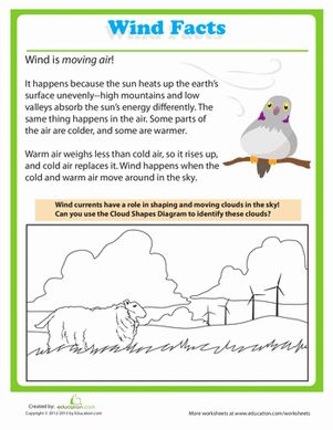 Wind has its own unique properties that help shape the weather. Give your little scientist a heads up with these wind facts! He'll get to color the picture as he learns. Follow the link to check out the different types of clouds!#educationdotcom 1st Grade Science Worksheets, First Grade Weather, What Is Wind, Seasons Worksheets, Middle School Science Experiments, Weather Crafts, Weather Science, Earth Space, Weather Theme