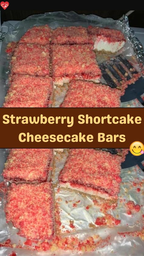 Indulge in the delightful combination of creamy cheesecake and sweet strawberry flavor with these Strawberry Shortcake Cheesecake Bars. Featuring a lu... Strawberry Shortcake Cheesecake Bars, Strawberry Shortcake Cheesecake Recipe, Red Velvet Cheesecake Cake, Strawberry Shortcake Bars, Strawberry Shortcake Cheesecake, Strawberry Cheesecake Bars, Easy Strawberry Shortcake, Velvet Cheesecake, Spicy Chicken Recipes