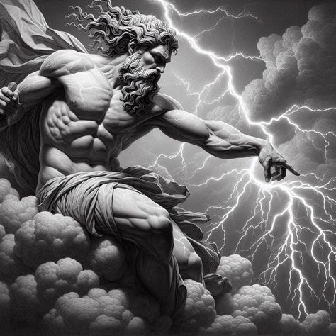 Zeus Statue Tattoo Design, Zues Tattoo Mythology Greek Gods, Zeus Reference, Zeus Statue Tattoo, Zeus Lightning Tattoo, Roman God Tattoo, Zeus Statue Sculpture, Zues Tattoo Mythology, Greek God Poseidon Art