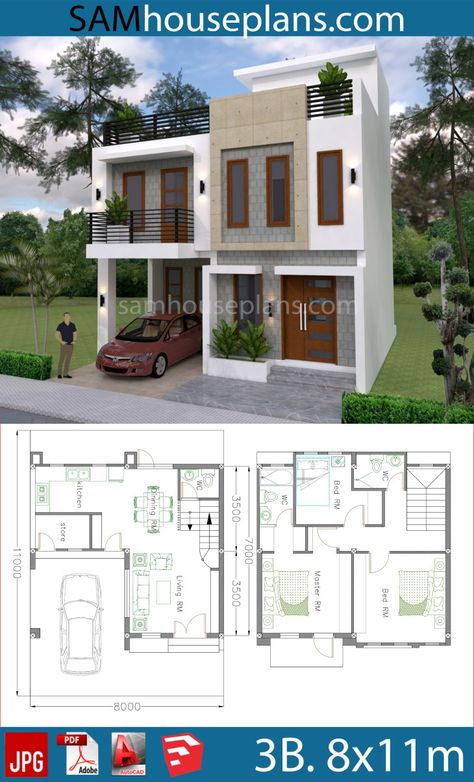 Casas The Sims Freeplay, Two Storey House Plans, Two Story House Design, Narrow Lot House, Modern House Floor Plans, 2 Storey House Design, Narrow Lot House Plans, Two Story House, Garage House Plans