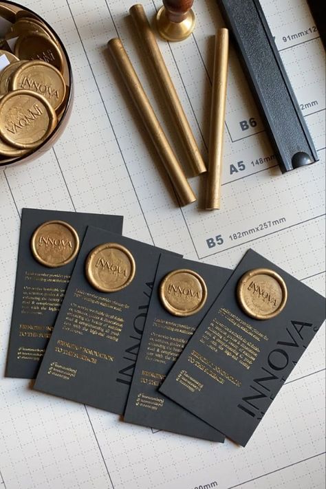 customized gold seals Wax Seal Business Card, Gold Stamping Packaging, Businesses Cards Ideas, Luxury Thank You Card Business, Luxury Thank You Card, Black Packaging Ideas, Luxury Business Card Design Creative, Luxury Business Cards Unique, Creative Thank You Cards