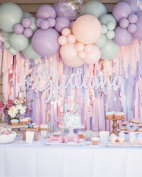 Streamers And Balloons Backdrop, Wall Decor Birthday Party, Pastel Streamer Backdrop, Pastel Birthday Backdrop, Pastel Photo Backdrop, Purple Fringe Backdrop, Pastel Graduation Party Decorations, Unicorn Themed Birthday Party Decoration, Pastel Fringe Backdrop