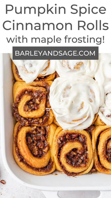 These pumpkin spice cinnamon rolls have a gooey, brown sugar pecan filling and are topped with a light, maple cream cheese frosting! They have a ton of pumpkin flavor in both the dough AND the filling for a cozy fall breakfast that you can enjoy on a chilly fall morning with a homemade pumpkin spice latte! Fall Soup Recipes Healthy, Pumpkin Spice Cinnamon Rolls, Maple Cream Cheese Frosting, Pecan Filling, Pecan Cinnamon Rolls, Pumpkin Pie Spice Recipe, Pie Spice Recipe, Maple Cream Cheese, Fall Crockpot Recipes