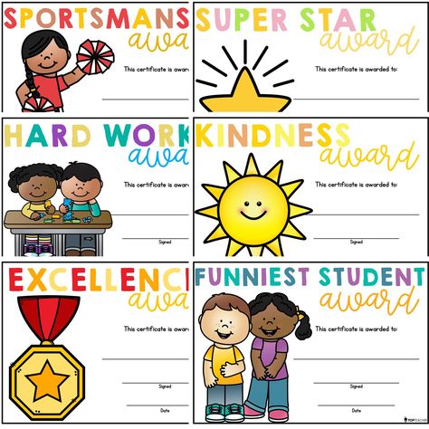 Kindergarten Awards Certificates, Kindergarten Certificates Templates, Kindness Certificate Free Printable, End Of Year Certificates Student Awards, Award Certificates Template Printables, End Of Year Awards For Students, Preschool Certificates Free Printable, Class Awards Ideas, End Of Year Student Awards