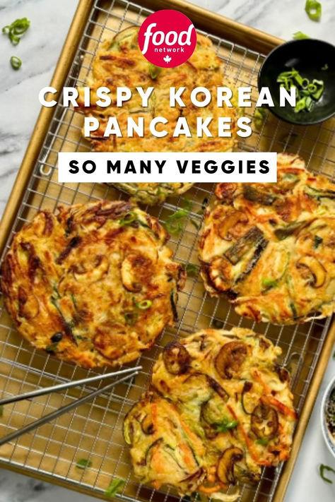 Crispy, savoury Korean vegetable pancakes (yachaejeon) are by far the best way to get your daily serving of vegetables! With zucchini season upon us, these pancakes are an ideal way to use up the fresh summer veggie, and you can add in your other favourites too Crispy Korean Pancake Recipe, Vegetable Forward Recipes, Asian Vegetable Pancakes, Korean Vegetable Pancakes Recipes, Japanese Vegetable Pancakes, Vegetable Pancakes Recipes, Veggie Pancakes Korean, Korean Veggie Pancake, Veg Pancakes