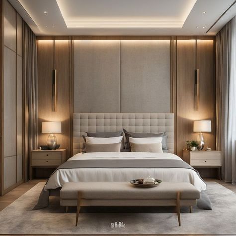 Master Bedrooms Decor Hotel Style, Hotel Type Bedroom Design, Modern Contemporary Bedroom Master Suite Interior Design, Modern Tropical Bedroom Design, Zen Bedroom Ideas Master Suite, Asymmetrical Bedroom Design, Hotel Vibes Bedroom, Masters Bedroom Modern Minimalist, Bed Backdrop Design