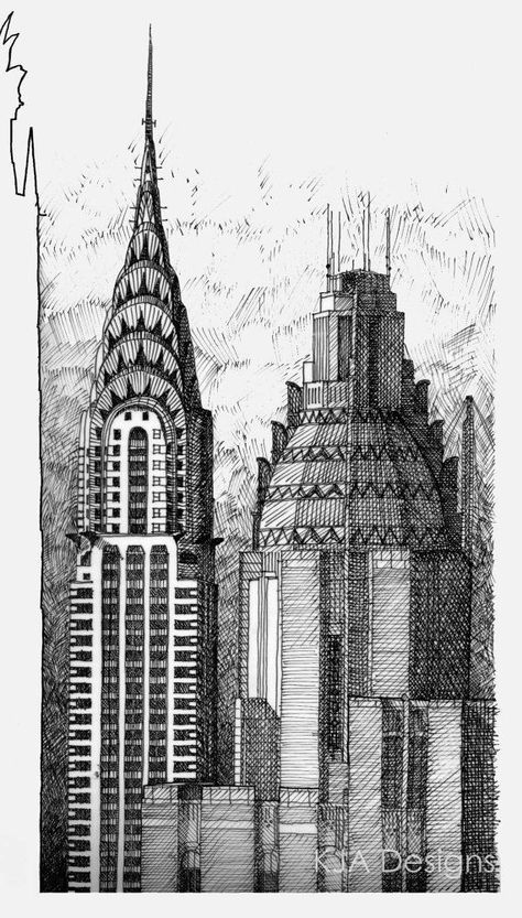 Art Black Love, New York Drawing, Pen Ink Drawing, Technical Pen, Building Sketch, Building Drawing, Cross Hatching, Nyc Art, Chrysler Building