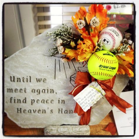 A sympathy tribute to a local baseball and softball coach. (Flowers designed by Seven Sisters Florist) www.sevensistersflorist.com Baseball Dugout, Running Tattoo, Memorial Gardens, Backyard Baseball, Basketball Court Flooring, Baseball Ideas, Sympathy Arrangements, Softball Coach, Basketball Shooting