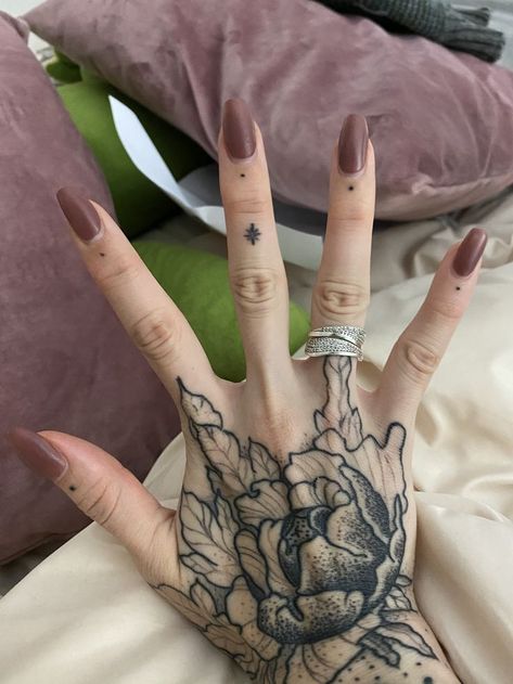 Flower Hand Wrist Tattoo, Both Hand Tattoos For Women, Detailed Hand Tattoo, Hand Tattoos Large, Outside Hand Tattoo, Alternative Hand Tattoo, Dot Hand Tattoos For Women, Black Hand Tattoos For Women, Decorative Hand Tattoo