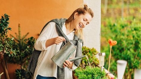 Portrait of beautiful woman watering green plants on the balcony, small cozy garden in apartment Woman Watering Plants, Patio Herb Garden, Green Warriors, Growing Pineapple, Cozy Garden, Bog Garden, Watering Plants, Herb Containers, Growing Cucumbers