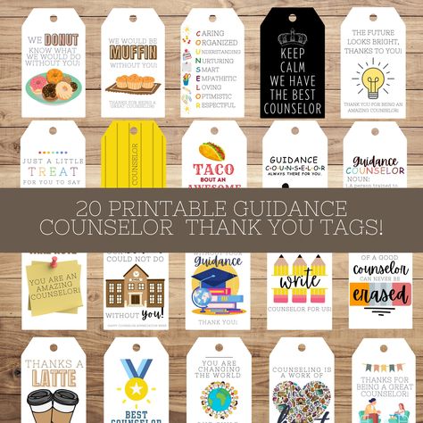 Say thank you to your favorite Guidance Counselors with our 20 printable Guidance Counselor Thank You Tags! They come in a variety of styles, including popular gift giving ideas and generic thank you tags so you can use them for beginning/end of the school year gifts, Christmas Gifts, and Counselor Appreciation week! View our page for other Thank You Tags for your favorite staff members! Guidance Counselor Appreciation Week Gift Ideas, School Counselor Appreciation Week, Counselor Appreciation Week, Counselor Appreciation Gifts, Counselors Week, Counselor Appreciation, Candy Bar Gifts, Gift First Day Of School, School Counselor Gifts