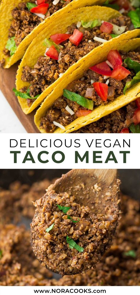 This Vegan Taco Meat is made entirely of plants! Generously seasoned with spices, it's perfect for tacos, burritos, salads, quesadillas or nachos. Kid friendly! Vegan Taco Meat, Vegan Tacos Meat, Vegan Meat Recipe, Vegan Taco, Tacos Burritos, Vegan Entree, Vegan Tacos, Taco Meat, Best Vegan Recipes