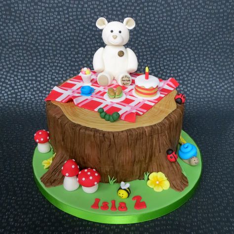 Teddy Bear's Picnic Cake - My version of a teddy bear's picnic cake. The bear was modelled on the recipients favourite teddy that goes everywhere with her (a Harrod's "My First Teddy") Teddy Bear Picnic Birthday Party, Picnic Cake, 1st Bday Cake, Ladybug Cake, Picnic Birthday Party, Bear Picnic, Teddy Bear Birthday, 2 Birthday Cake, Picnic Birthday