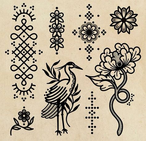 Folk Tattoo Scandinavian, Traditional Danish Tattoo, German Folk Art Tattoo, 70s Tattoo Vintage, Nordic Folk Art Tattoo, Folk Traditional Tattoo, Traditional Polish Tattoo, Traditional Ornamental Tattoo, Tattoo Styles Oldschool