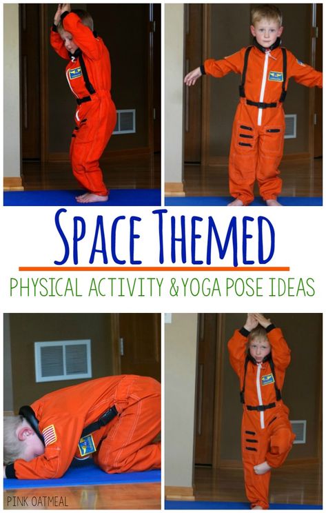 Space Yoga Pose Ideas | Pink Oatmeal Space Themed Classroom, Space Activities Preschool, Yoga Pose Ideas, Pink Oatmeal, Space Theme Preschool, Space Yoga, Space Week, Space Lessons, Space Preschool