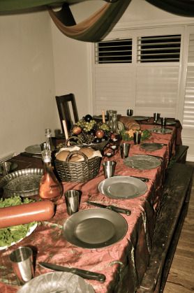 Medieval Feast table.  To Make these dishes, I just spray painted the outside of clear glass dishes-turned out amazing Medieval Dinner Table, Feast Table, Layout Bedroom, Viking Birthday, Medieval Feast, God Night, The Whole Armor Of God, House Interior Design Ideas, Whole Armor Of God