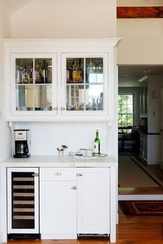 Like this but without upper cabinets Coffee Bar Built In, Small Wine Fridge, Wine And Coffee Bar, England House, Beverage Station, Farmhouse Coffee Bar, Home Coffee Stations, Coffee Bars In Kitchen, Small Fridges