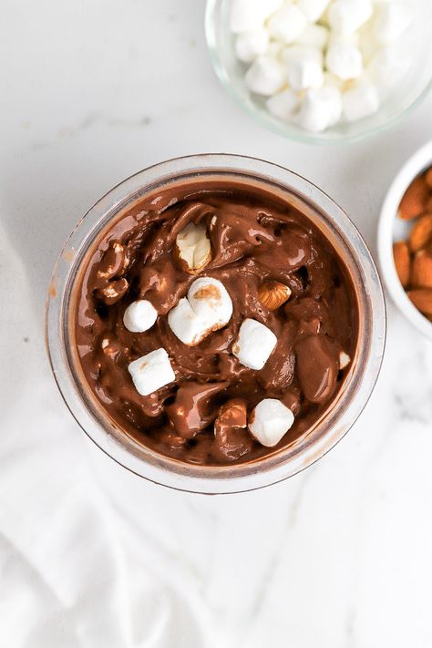 Top down view of rocky road protein ice cream with mini marshmallows. Protein Ice Cream Ninja Creami, Ice Cream Ninja Creami, Ninja Creami Recipe, Rocky Road Ice Cream, Protein Ice Cream Recipe, Rocky Road Recipe, Top Down View, High Protein Food, Protein Ice Cream