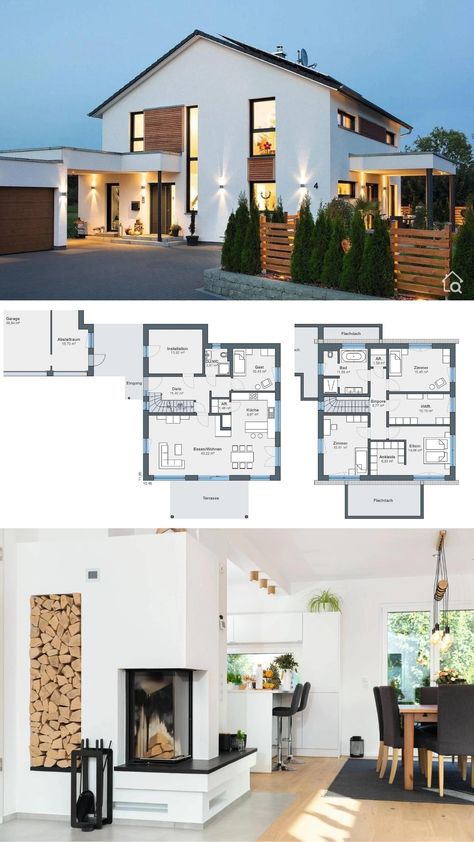 Einfamilienhaus modern mit Satteldach & Garage als Fertighaus bauen - Haus Grundriss rund 170 qm, 5 Zimmer, Plan HD35884 - Modernes Stadthaus mit Satteldach & Garage / WeberHaus - Haus Design Ideen innen außen, Hausbau Planung, Inspiration & Grundrisse, Innenräume gestalten & einrichten, Innenarchitektur, Garten Deko & Architektur Zeichnungen, Pläne, Visualisierung, Interieurs & Einrichtungsideen auf HausbauDirekt.de House With Two Floors, Glass Modern House, 2400 Sq Ft House Plans, Prefab House Design, Two Floor House, European Architecture Design, Winter House Exterior, Modern Family House, Sims 4 House Building