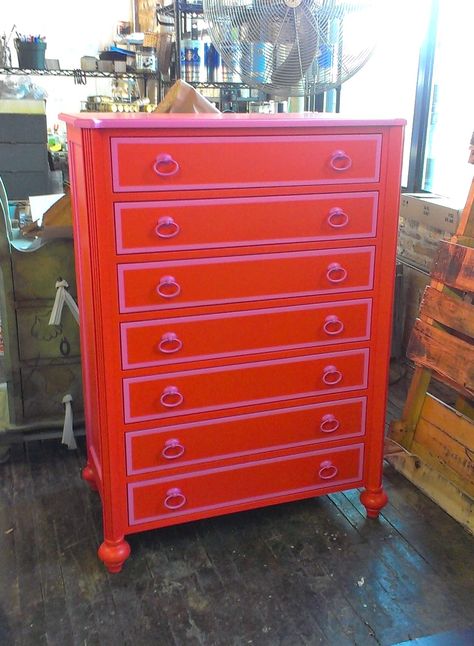 Sydney Barton - Painted Furniture: Orange and Pink Monogram Dresser Light Pink Dresser, Paint Dresser Diy, Dresser Boho, Orange Dresser, Dresser Paint, Dresser Diy, Painted China Cabinets, Pink Dresser, Painted Bookshelves