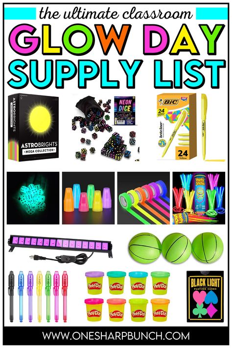 Throw an epic classroom Glow Day with this Glow Day supply list that offers everything you need to make this a memorable day for you and your early elementary students! A classroom Glow Day transformation just wouldn't be the same without these classroom Amazon must-haves for Glow Day. This list of Glow Day supplies includes Glow Day decorations, Glow Day activities, and more! Learn how to use these Glow Day items for your end of the year Glow Day math stations and Glow Day literacy stations! Glow Day Elementary School, Glow Day Classroom Activities 2nd Grade, End Of Year Glow Party, Student Celebration Ideas, Glow Party For Classroom, Glow Day At School, Glow Party Kindergarten, Glow Day Preschool Activities, Glow Day Preschool