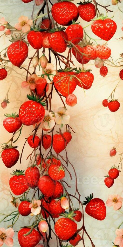 there are many strawberries hanging from a vine with flowers. generative ai. Vine With Flowers, Strawberry Vine, Shortcake Cake, Strawberry Shortcake Cake, Strawberry Shortcake, Strawberries, Vines, Vector Free, Photo And Video