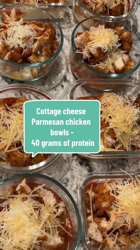 Part one Cottage cheese Parmesan chicken bowls - 40 grams of protein #proteinbowls #cottagecheese #lowcalorie #highprotein #FoodTok… | Instagram Chicken Parm Protein Bowl, Cottage Cheese Protein Meals, Hi Protein Recipes, Cottage Cheese Parmesan Chicken, Chicken Parmesan Meal Prep, High Protein Meal Prep Cottage Cheese, High Protein Chicken Parm Bowl, Quick Lunch Ideas At Home Healthy, Tik Tok Cottage Cheese Recipes