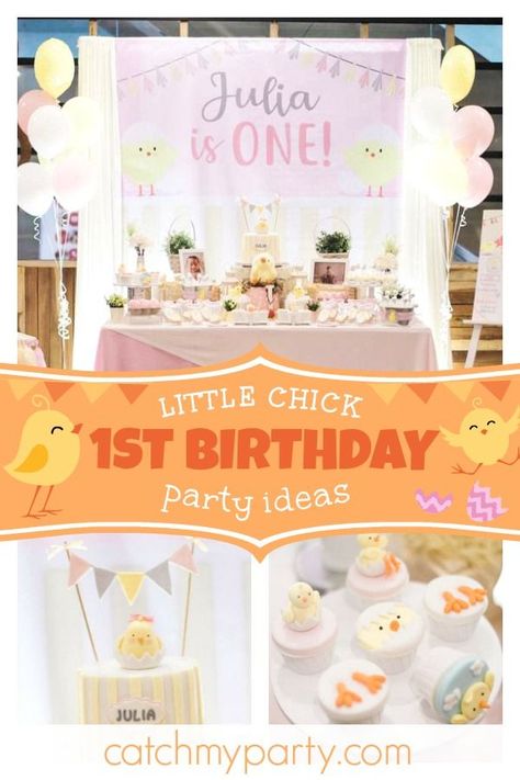 Take a look at this pretty pink little chick themed 1st birthday party! The cupcakes are so cute!! See more party ideas and share yours at CatchMyParty.com #catchmyparty #partyideas #girl1stbirthdayparty #littlechickparty Chicks Birthday Theme, This Chick Is One Birthday Theme, Our Little Chick Is Turning One, First Birthday Chicken Theme, One Cute Chick Birthday, Chick Themed Birthday Party, Chicken First Birthday Party, Chick Birthday Party Ideas, Chicken Birthday Party Ideas