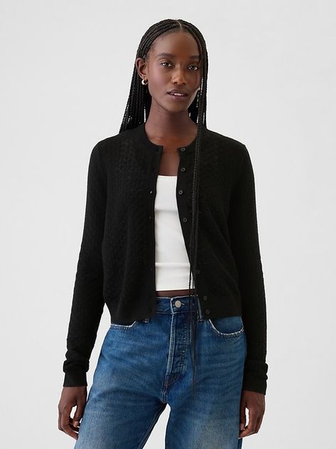 Saw this on Gap: Black Button Up Cardigan Outfit, Button Cardigan Outfit, Black Cardigan Outfit, Black Button Up Cardigan, Cardigan Fall Outfit, Pointelle Cardigan, Fall Cardigan, What A Girl Wants, Fall 24