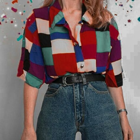 80 Outfits Ideas 80s Fashion Women Retro, 80s Lesbian Outfit, 80s Button Up Shirt Outfit, 90s Button Up Shirt Outfit, Funky Shirt Outfit, Colorful Button Up Shirt Outfit, Patterned Button Up Outfit, 80s Tops Women, 80s Womens Outfits