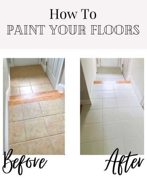 brown 'before' tiles, and 'after' white tiles, done with floor paint Bathroom Floors Ideas, Paint Floor Tile, Whitewashed Floorboards, Painted Tile Floor, Painting Floors, Paint Tile, Entry Tile, New Floors, Floor Painting