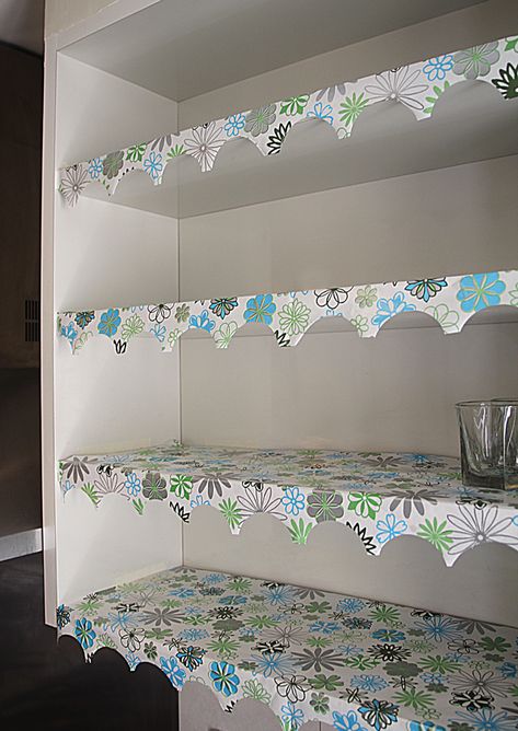 I like the way this DIY shelf paper has overhanging edges with a reverse scallop design cut into it.  Really makes for a clean, pretty pantry. Kitchen Shelf Liner, Kitchen Liners, Kitchen Cabinet Shelves, Small Dining Room Table, Shelf Paper, Best Kitchen Cabinets, Shelf Liners, Shelf Liner, Decorating Shelves