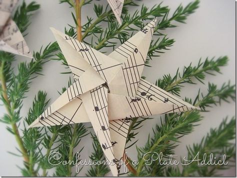 CONFESSIONS OF A PLATE ADDICT Sheet Music Origami Stars Sheet Music Ornaments, Music Christmas Ornaments, Music Candle, Sheet Music Crafts, French Accent, Music Ornaments, Christmas Sheet Music, Shabby Christmas, Music Crafts