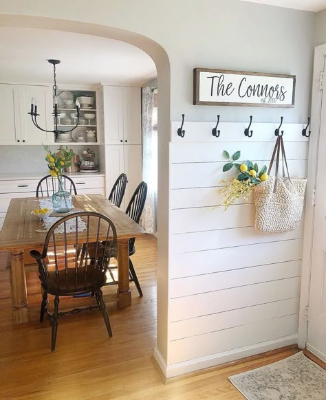 A new farmhouse trend is a half-wall with shiplap on it. This entryway looks incredible, and I’d love to see this in your home! Would you put this in your home? If not, what other  design trend would you rather have in your home?   #newlisting #justlisted #knoxvillehomesforsale #forsale #knoxvillehomes #knoxvillelistings #knoxvilleproperties #knoxvillerealtors #knoxvillerealestate #househunting #moveinready #homeforsale #ThePriceIsRight Small Entry Way Mud Room Ideas, Kitchen Entry Wall Decor, Hooks On Shiplap Wall, How To Style Wall Hooks, Shiplap With Hooks Entry, Entryway Wall Hanger, Front Door Room Ideas, Wall By Front Door Decor, Wall Hooks Decor Ideas