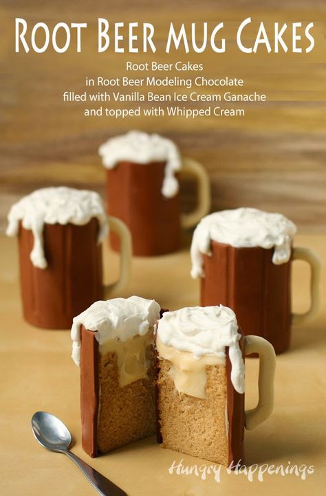 Root Beer Mug Cakes filled with Vanilla Ice Cream Ganache | HungryHappenings.com Beer Cakes For Men, Root Beer Cake, Root Beer Float Cake, Cream Ganache, Beer Mug Cake, Chocolate Baileys, Mug Cakes, Beer Cake, Naked Cakes