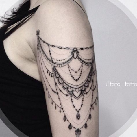 Tattoo Tata Cvetkova - tattoo's photo In the style Graphics, Female, Ornamen (242417) #sunflowertattoos #tattooideas Lace Shoulder Tattoo, Lace Sleeve Tattoos, Chandelier Tattoo, Lace Tattoo Design, Cool Shoulder Tattoos, Chain Tattoo, Jewel Tattoo, Illustration Tattoo, Lace Tattoo