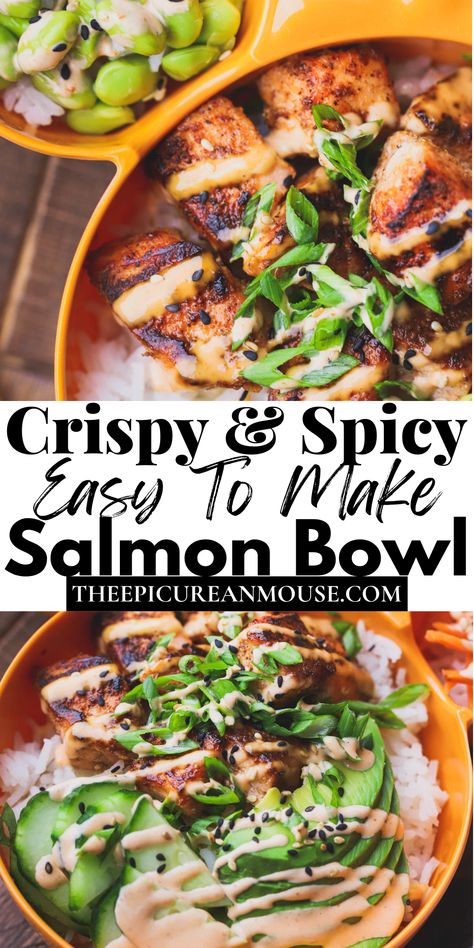 Spicy Mayo Bowl, Crunchy Salmon Bowl, Crispy Spicy Salmon Bowls, Spicy Salmon Rice Bowl Recipes, Salmon Sushi Bowl Tik Tok, Macro Friendly Salmon Bowl, Spicy Salmon Bowl Air Fryer, Salmon Burger Bowl Recipe, Salmon Sticky Rice Bowl