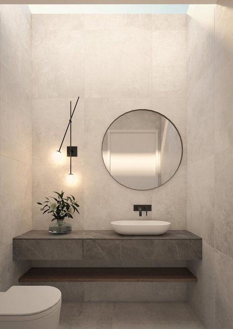 photo creds - unknown - comment or dm for credit ✧ ✧ Concrete Bathroom Sink Ideas, Luxury Guest Bathroom Ideas Powder Rooms, Small Guest Bathroom Ideas Elegant, Dessert Modern House, Guest Bathroom Decor Modern Elegant, Small Powder Room Ideas Elegant Modern, Powder Toilet Design Luxury, Guest Washroom Ideas, Powder Washroom Ideas