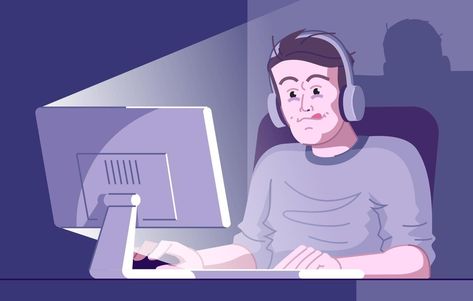 Gamer Illustrations, Gamer Cartoon, Pc Drawing, Night Cartoon, Vector Illustration Character, Play Computer Games, Computer Vector, Computer Drawing, Beach Drawing