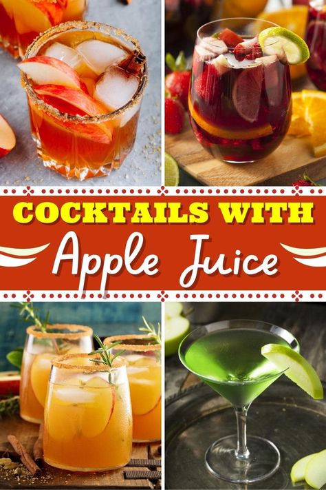 If you haven't tried any cocktails with apple juice, you're really missing out! They're sweet, fruity, and ideal for your next fall party or potluck. Sparkling Apple Juice Cocktail, Tequila And Apple Juice, Apple Juice Alcohol Drinks, Alcoholic Drinks With Apple Juice, Cocktail With Apple Juice, Apple Juice Cocktail Recipes, Apple Juice Punch, Apple Drinks Alcohol, Apple Juice Cocktail